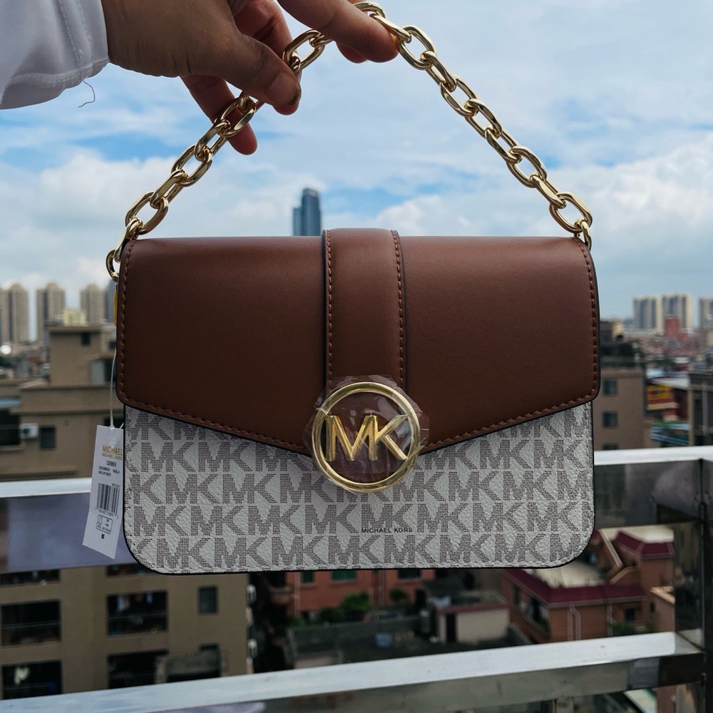 Michael Kors Brown Leather & Ivory MK Logo Chain Shoulder Bag